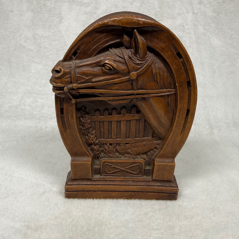 Vintage OrnaWood Horse Head Horseshoe Bookend Faux Wood Resin Western Decor USA